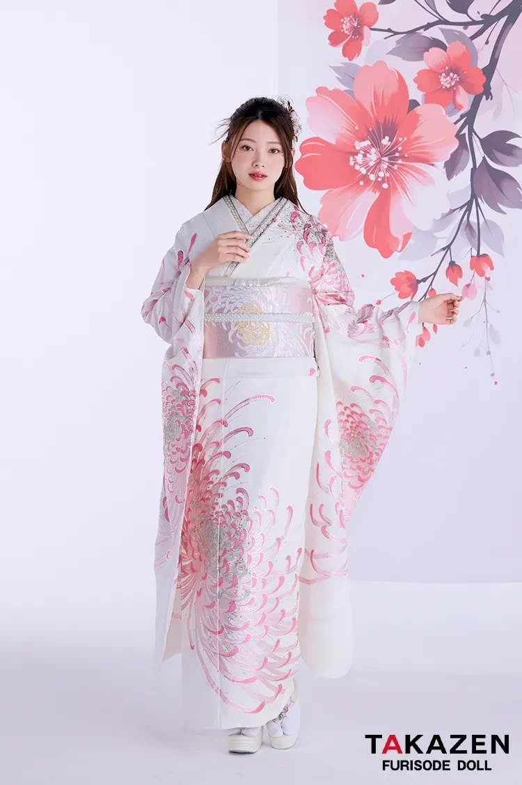 TAKAZENのレンタル振袖 最新作粋古典　白ピンク　乱菊柄/大柄　最高級金彩刺繍友禅　すっきり　きれいめ　シンプル　大人っぽい　スワロフスキー付き　タカゼンオリジナル　南琴奈【通販可】27066