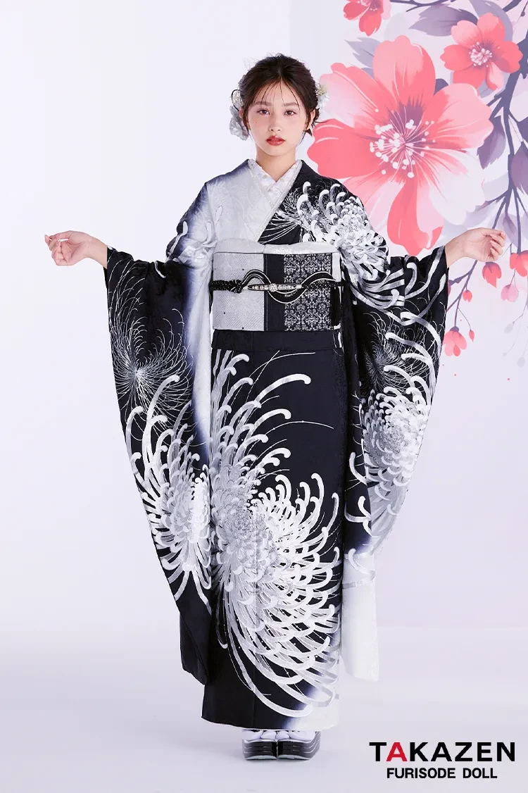 TAKAZENのレンタル振袖 最新作粋古典　黒シルバー　乱菊柄/大柄　最高級金彩刺繍友禅　かっこいい　きれいめ　大人っぽい　スワロフスキー付き　タカゼンオリジナル　谷田ラナ【通販可】27067