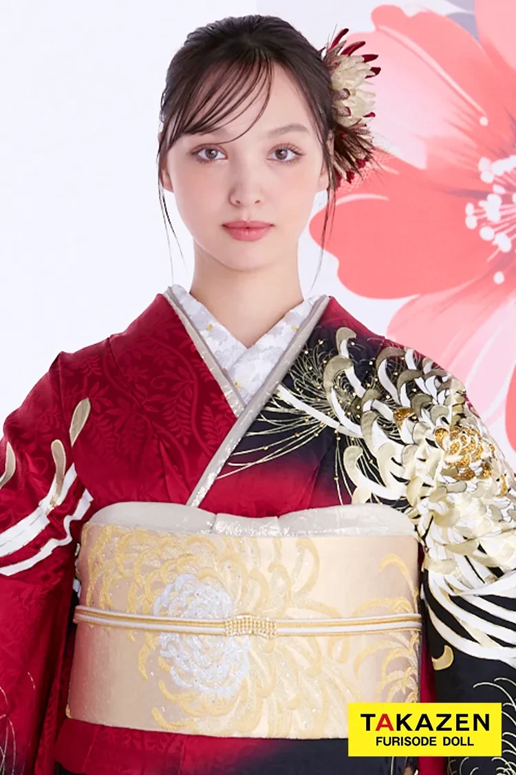 TAKAZENのレンタル振袖 最新作粋古典 赤/ゴールド/黒 乱菊柄/大柄 最高級金彩刺繍友禅 かっこいい 大人っぽい 目立つ スワロフスキー付き タカゼンオリジナル 香川るな【通販可】27068
