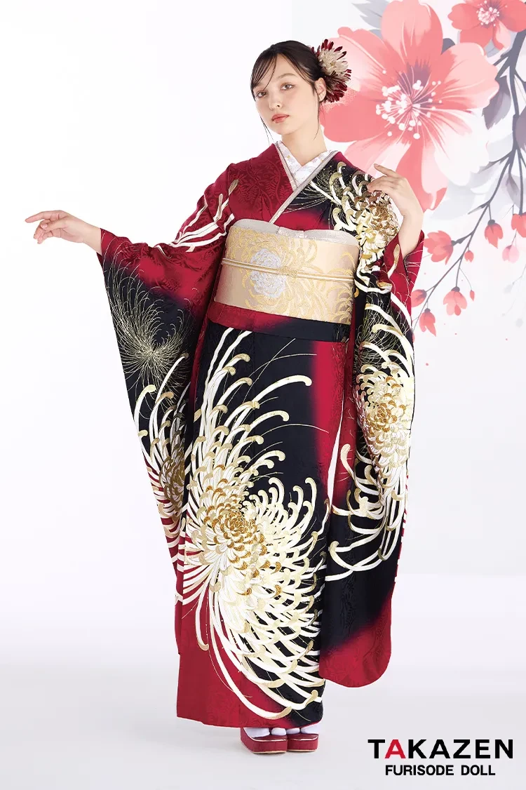 TAKAZENのレンタル振袖 最新作粋古典 赤/ゴールド/黒 乱菊柄/大柄 最高級金彩刺繍友禅 かっこいい 大人っぽい 目立つ スワロフスキー付き タカゼンオリジナル 香川るな【通販可】27068