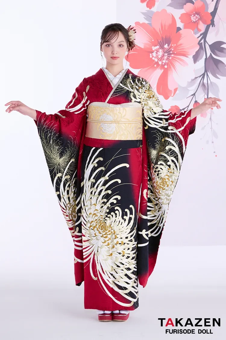 TAKAZENのレンタル振袖 最新作粋古典 赤/ゴールド/黒 乱菊柄/大柄 最高級金彩刺繍友禅 かっこいい 大人っぽい 目立つ スワロフスキー付き タカゼンオリジナル 香川るな【通販可】27068