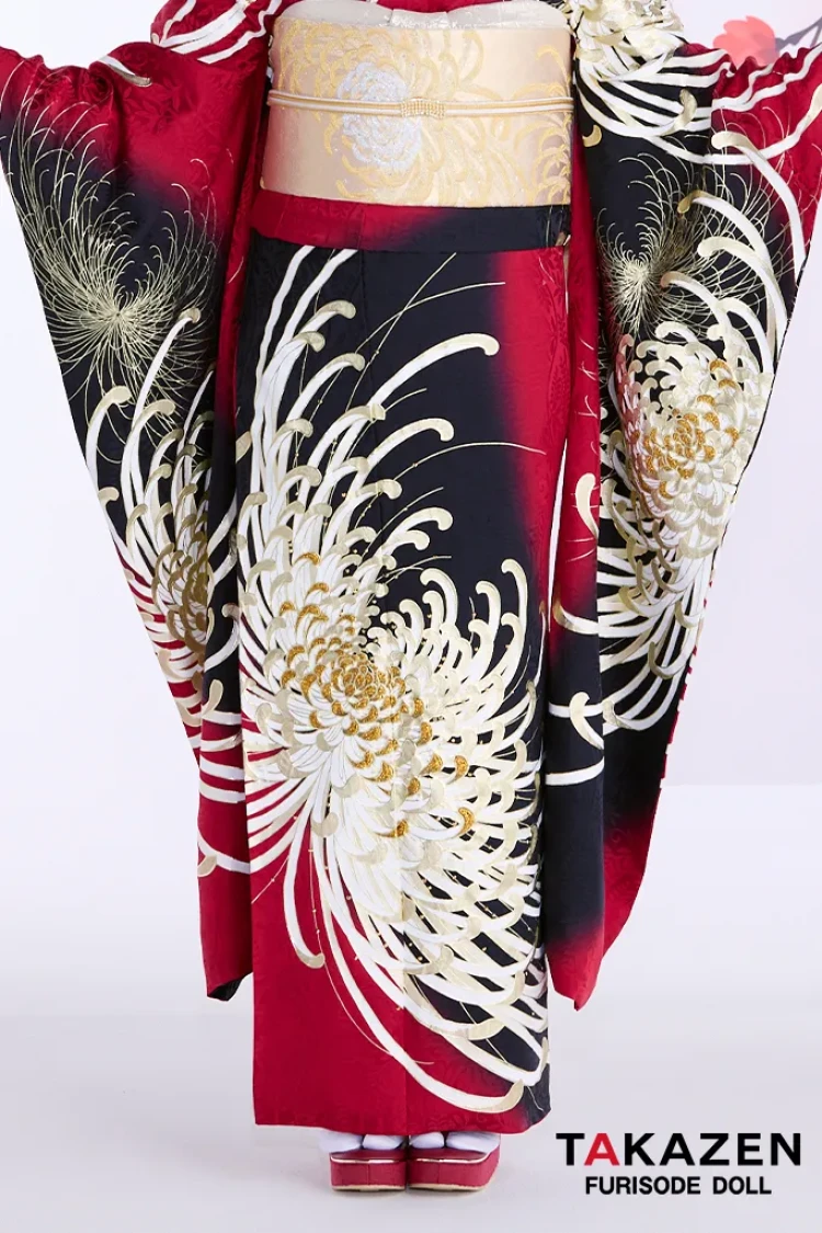 TAKAZENのレンタル振袖 最新作粋古典 赤/ゴールド/黒 乱菊柄/大柄 最高級金彩刺繍友禅 かっこいい 大人っぽい 目立つ スワロフスキー付き タカゼンオリジナル 香川るな【通販可】27068