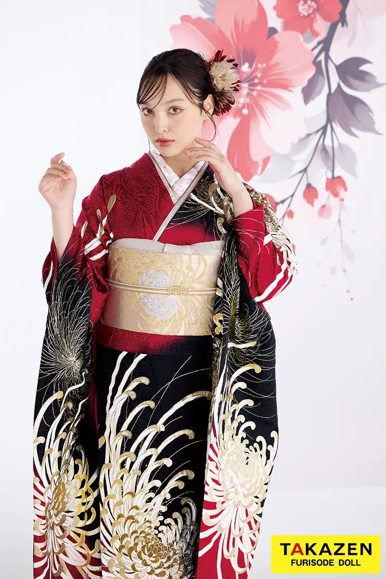 TAKAZENのレンタル振袖 最新作粋古典　赤/ゴールド/黒　乱菊柄/大柄　最高級金彩刺繍友禅　かっこいい　大人っぽい　目立つ　スワロフスキー付き　タカゼンオリジナル　香川るな【通販可】27068