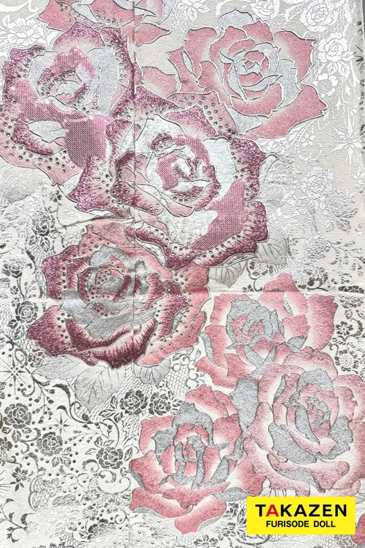 TAKAZENのレンタル振袖 最新作モード　白ピンク　バラ柄　一番目立つ　派手かわいい　姫ギャル　キラキラスワロフスキー付き　タカゼンオリジナル　香川るな【通販可】27069