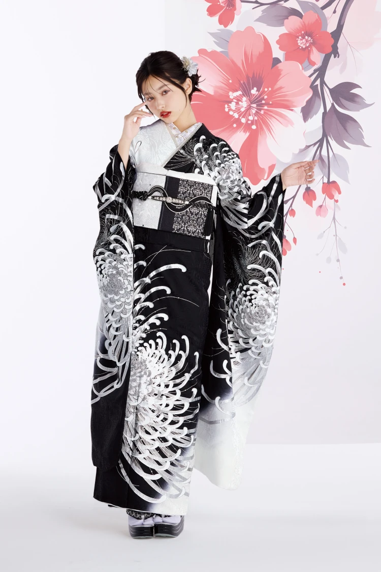成人式振袖レンタル 粋古典 乱菊柄黒シルバー