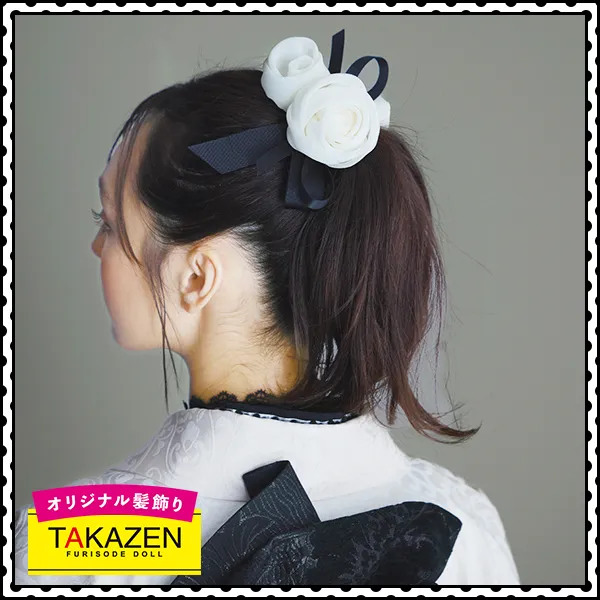 可愛らしいポニーテール×ヴィンテージ系白バラ髪飾り♡白/黒