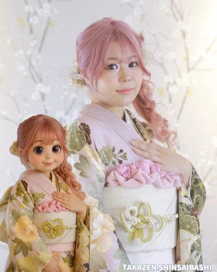 振袖レンタル　成人式　なんば　心斎橋　天王寺　大阪　人気TAKAZEN心斎橋店可愛いくすみカラーキラキラピンク色振袖