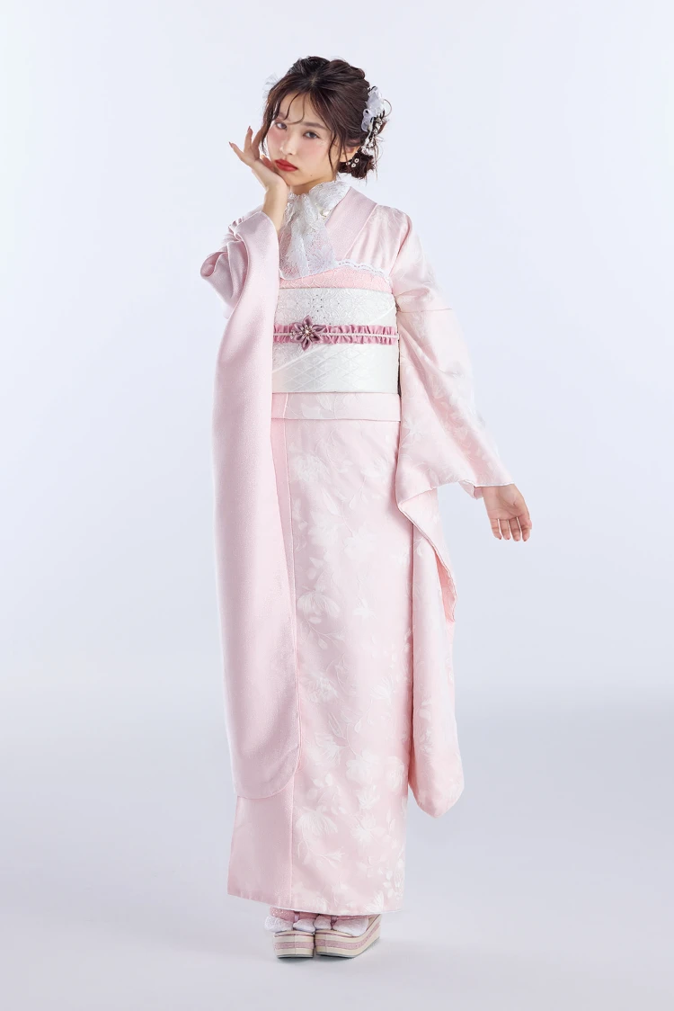 成人式振袖レンタル　ヴィンテージスタイル　きれいめ　フロッキー生地　ピンク