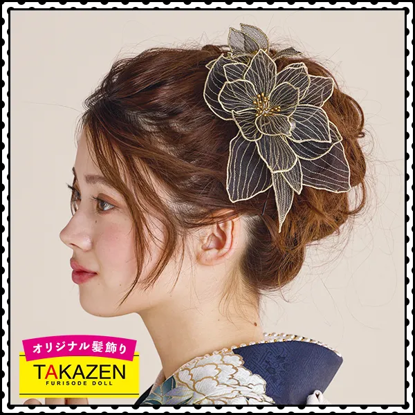 大人可愛いアップスタイル×大きめお花の髪飾り♡黒