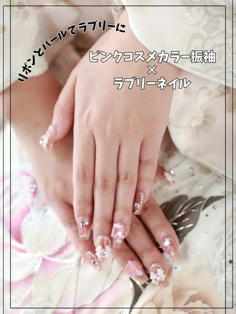 成人式　ネイル　ワンホン　キラキラ　ネイルデザイン　可愛い　ピンク