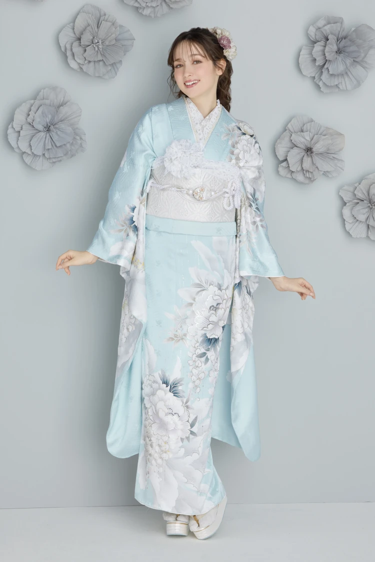 成人式振袖レンタル　くすみカラー　かわいい　水色