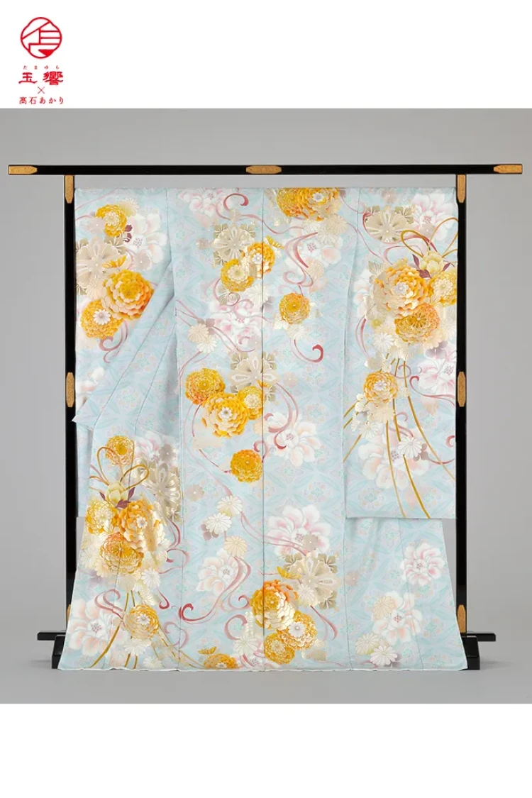 TAKAZENのレンタル振袖 玉響×髙石あかりブランド振袖 正統派古典 水色/淡い色 菊柄 きれいめ 儚げ 上品 はんなり【通販可】K1273