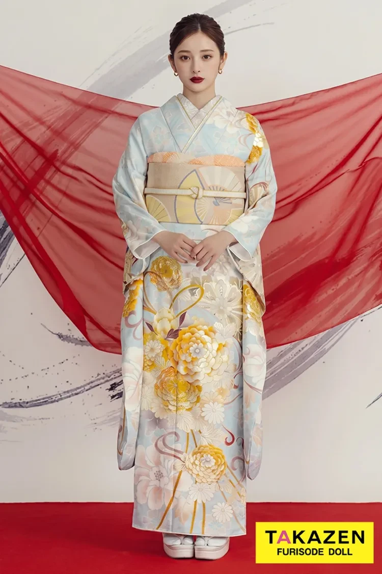 TAKAZENのレンタル振袖 玉響×髙石あかりブランド振袖　正統派古典　水色/淡い色　菊柄　きれいめ　儚げ　上品　はんなり【通販可】K1273