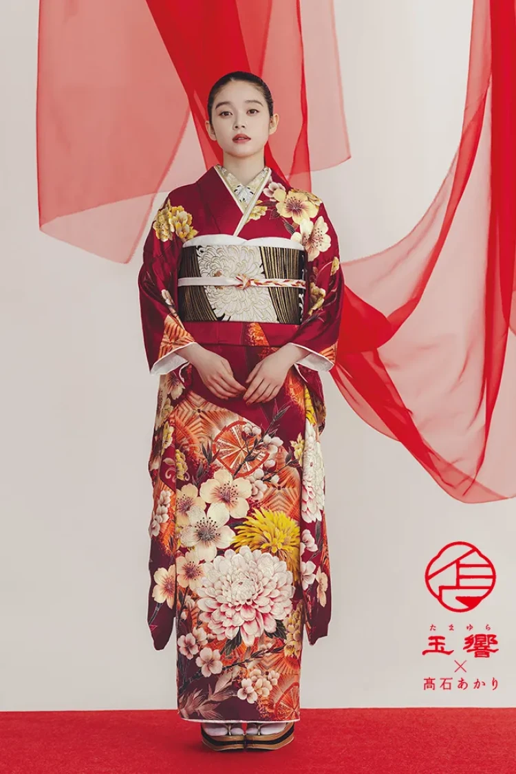 TAKAZENのレンタル振袖 玉響×髙石あかりブランド振袖　正統派古典　エンジ　吉祥文様　綺麗　上品　清楚　大人っぽい【通販可】K1274