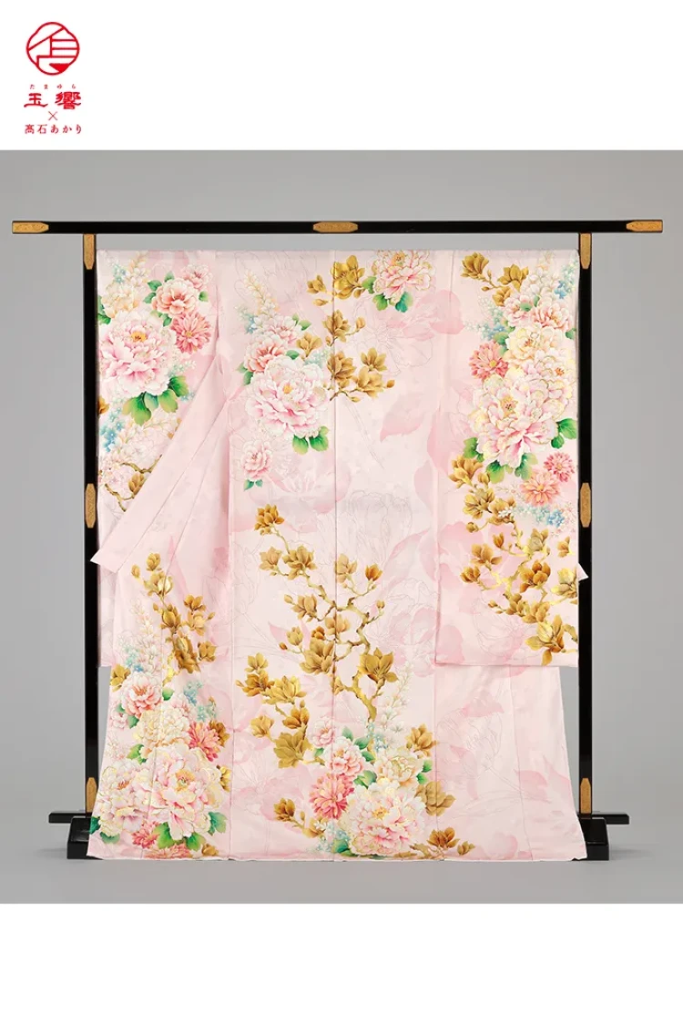 TAKAZENのレンタル振袖 玉響×髙石あかりブランド振袖　正統派古典　ピンク/淡い色　牡丹柄　かわいい　綺麗【通販可】K1275