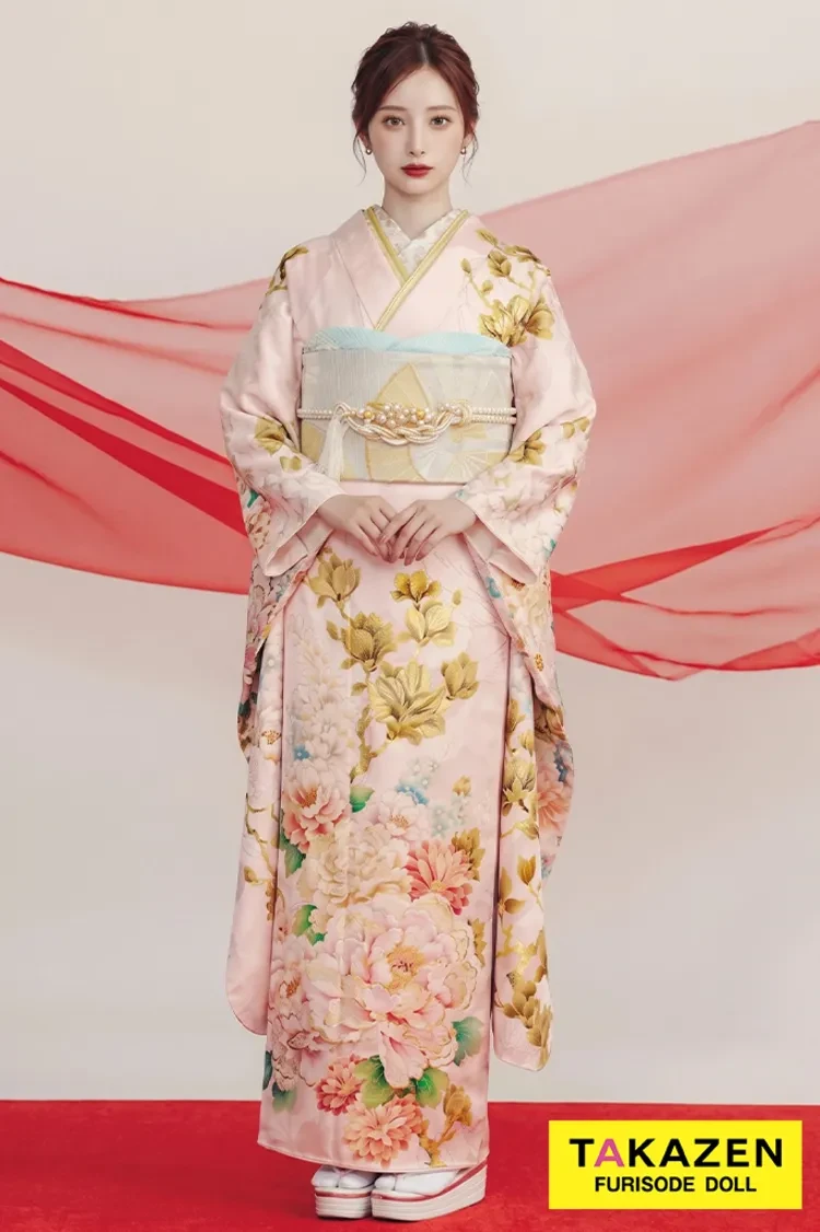 TAKAZENのレンタル振袖 玉響×髙石あかりブランド振袖　正統派古典　ピンク/淡い色　牡丹柄　かわいい　綺麗【通販可】K1275
