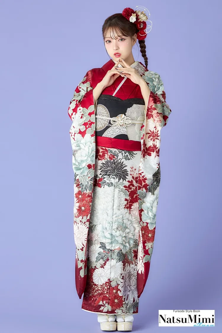 NatsuMimiブランド振袖 赤/白 正統派古典 牡丹柄 きれいめ 大人っぽい
