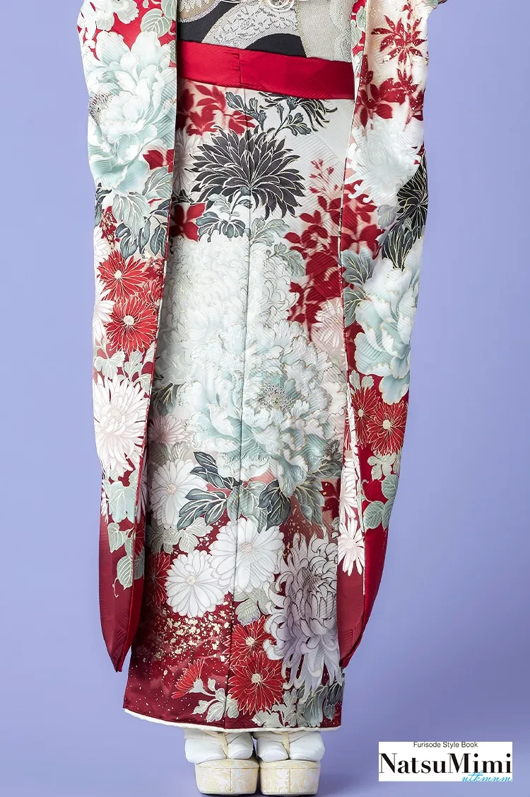 TAKAZENのレンタル振袖 NatsuMimiブランド振袖　赤/白　正統派古典　牡丹柄　きれいめ　大人っぽい　豪華【通販可】K1278