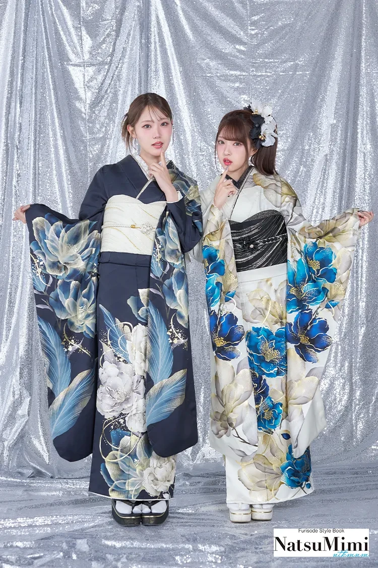 TAKAZENのレンタル振袖 NatsuMimiブランド振袖 白/青 MODE系 クール きれいめギャル 大人っぽい 大柄【通販可】K1279