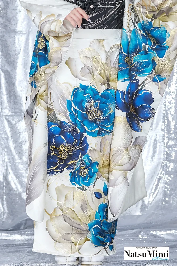 TAKAZENのレンタル振袖 NatsuMimiブランド振袖 白/青 MODE系 クール きれいめギャル 大人っぽい 大柄【通販可】K1279