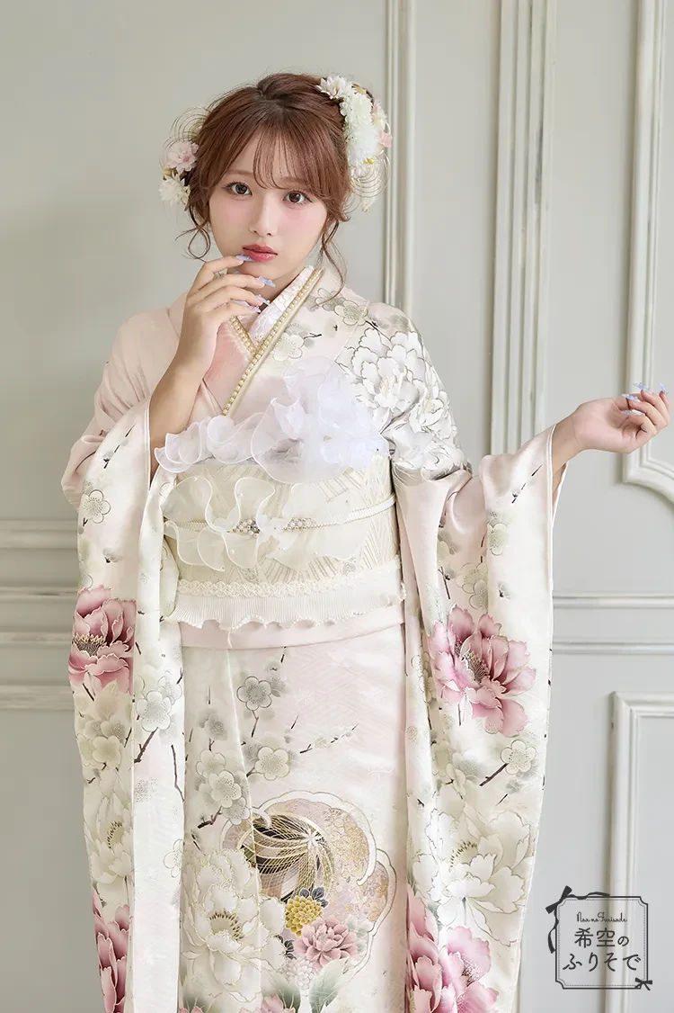 TAKAZENのレンタル振袖 希空のふりそで くすみピンク 古典柄 くすみカラー古典 かわいい ガーリー 淡い色【通販可】K1280