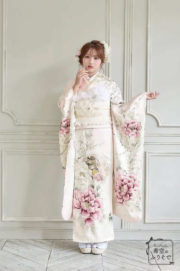 TAKAZENのレンタル振袖 希空のふりそで くすみピンク 古典柄 くすみカラー古典 かわいい ガーリー 淡い色【通販可】K1280