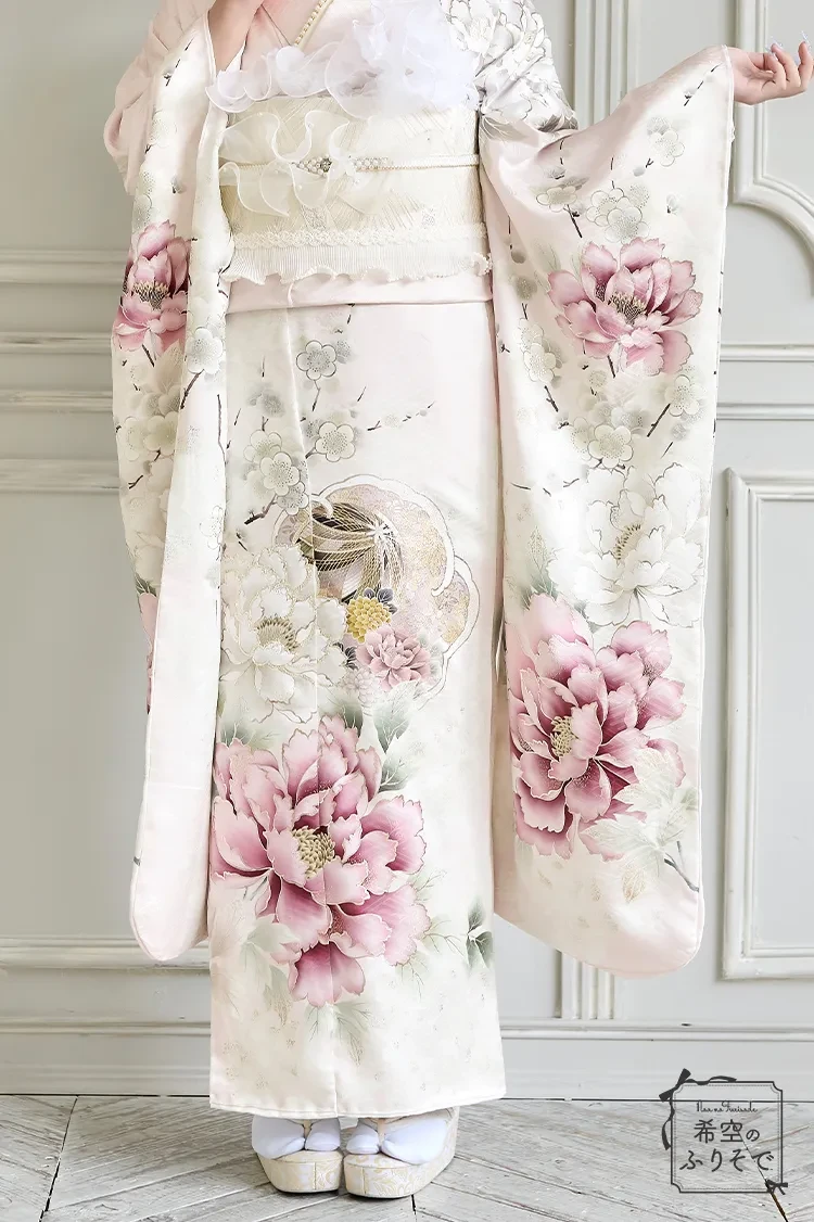 TAKAZENのレンタル振袖 希空のふりそで くすみピンク 古典柄 くすみカラー古典 かわいい ガーリー 淡い色【通販可】K1280