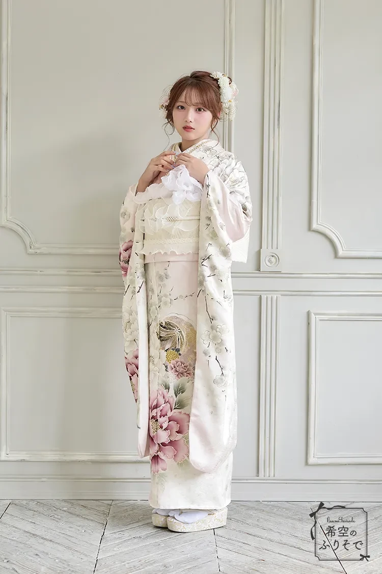 TAKAZENのレンタル振袖 希空のふりそで くすみピンク 古典柄 くすみカラー古典 かわいい ガーリー 淡い色【通販可】K1280