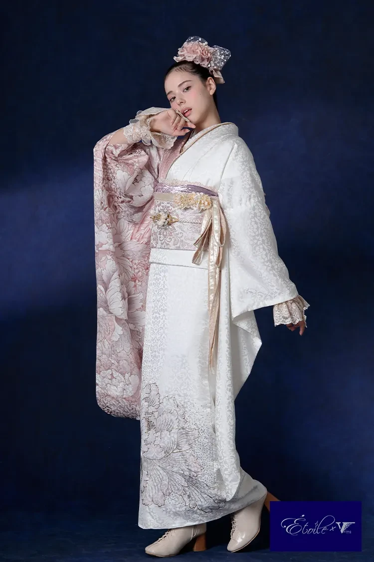 TAKAZENのレンタル振袖 くすみカラーヴィンテージスタイル 白/ピンク 片身代わり シンプル すっきり グリッター付き キラキラ おしゃれ【通販可】K1283