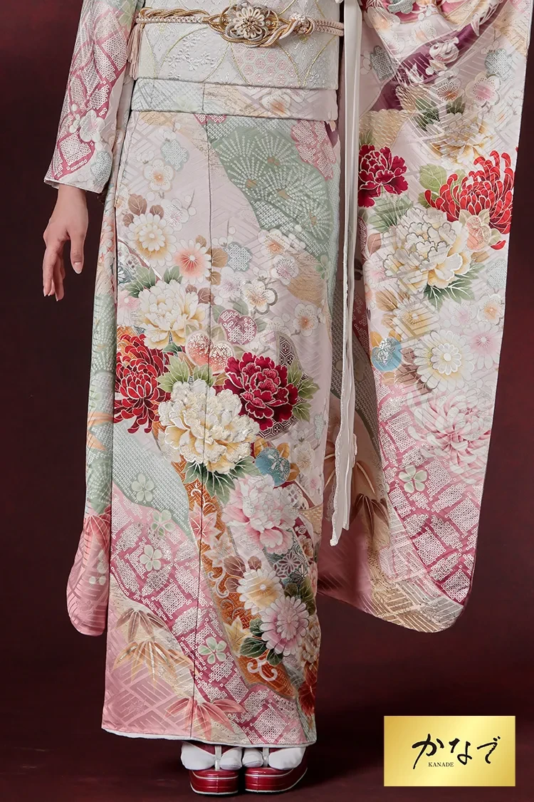 TAKAZENのレンタル振袖 正統派古典　ピンク　牡丹柄　はんなり　上品　かわいらしい　大人っぽい和柄【通販可】K1284