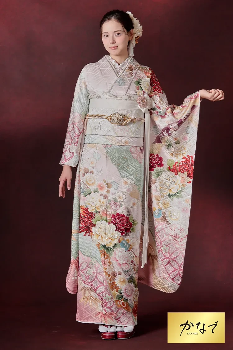 TAKAZENのレンタル振袖 正統派古典　ピンク　牡丹柄　はんなり　上品　かわいらしい　大人っぽい和柄【通販可】K1284