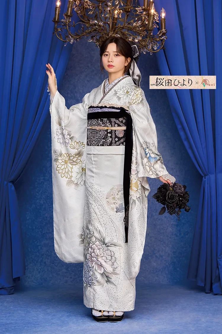 TAKAZENのレンタル振袖 桜田ひよりブランド振袖　くすみカラー　ニュアンスカラー　シンプル　すっきり　グリッター付き　キラキラ【通販可】K1285