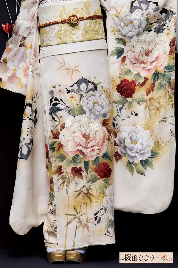 TAKAZENのレンタル振袖 桜田ひよりブランド振袖　正統派古典　白ベース　おしとやか　上品　きれいめ和柄【通販可】K1286