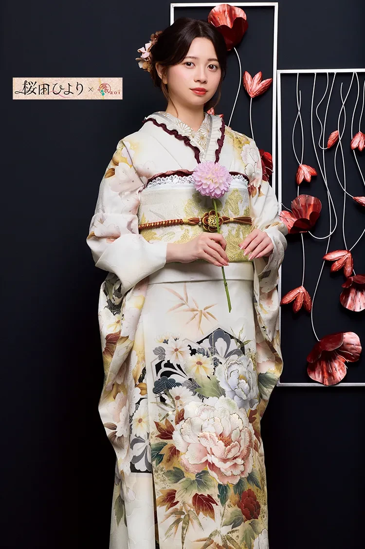 TAKAZENのレンタル振袖 桜田ひよりブランド振袖　正統派古典　白ベース　おしとやか　上品　きれいめ和柄【通販可】K1286