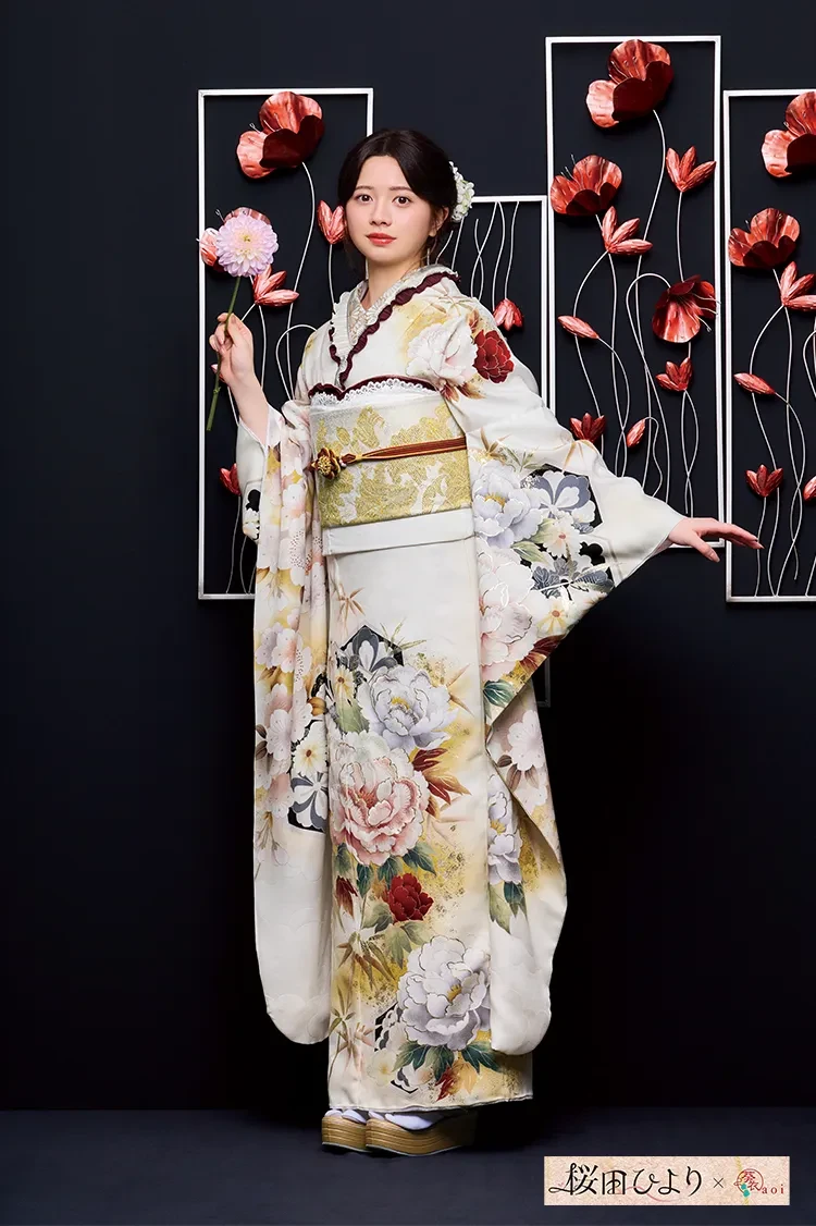 TAKAZENのレンタル振袖 桜田ひよりブランド振袖　正統派古典　白ベース　おしとやか　上品　きれいめ和柄【通販可】K1286