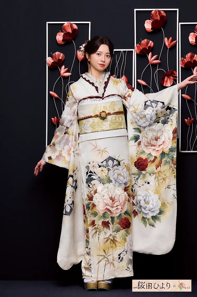 TAKAZENのレンタル振袖 桜田ひよりブランド振袖　正統派古典　白ベース　おしとやか　上品　きれいめ和柄【通販可】K1286