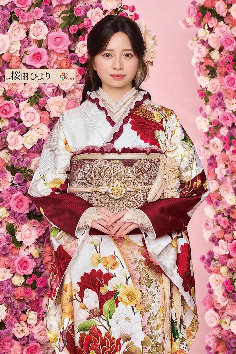 TAKAZENのレンタル振袖 桜田ひよりブランド振袖　正統派古典　白/エンジ　華やか　上品　かわいい　和柄　いまどき【通販可】K1287