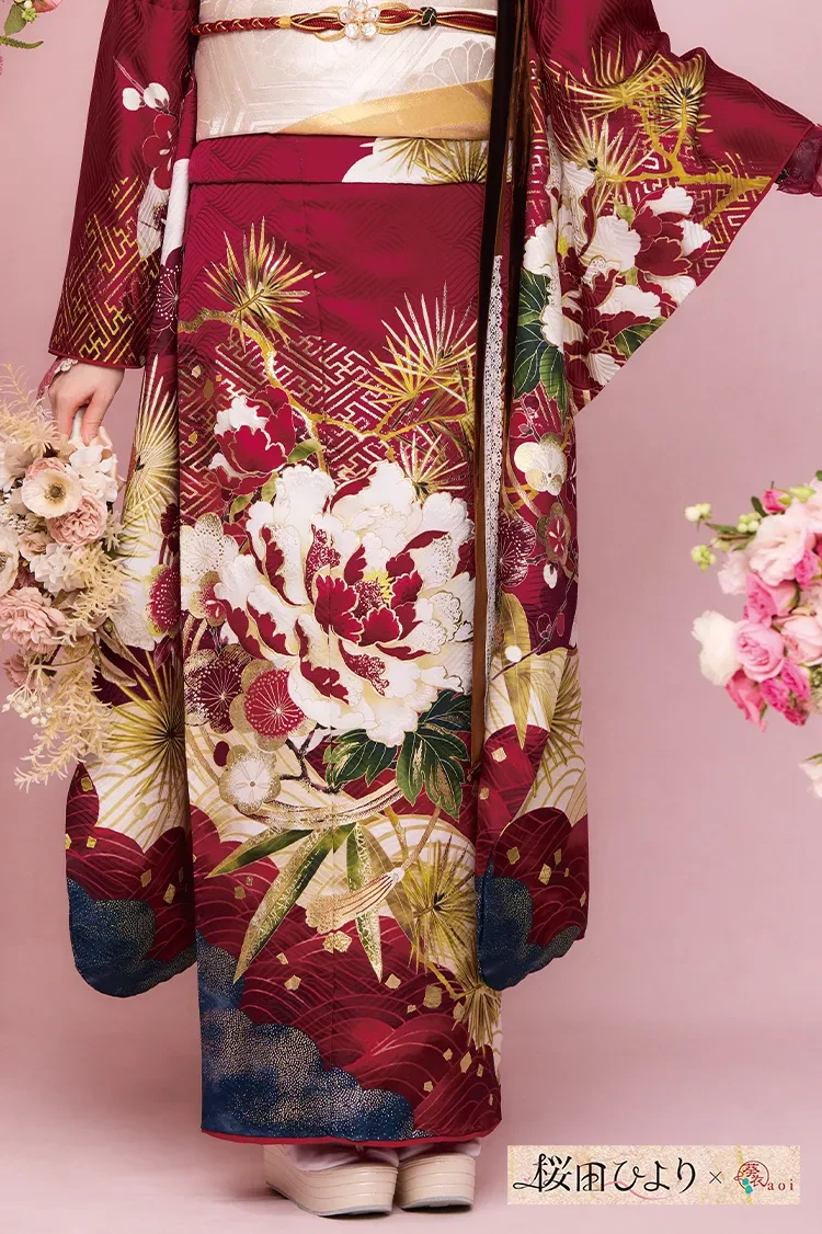 TAKAZENのレンタル振袖 桜田ひよりブランド振袖　正統派古典　エンジ　豪華　上品　大人っぽい　きれいめ　和柄【通販可】K1288