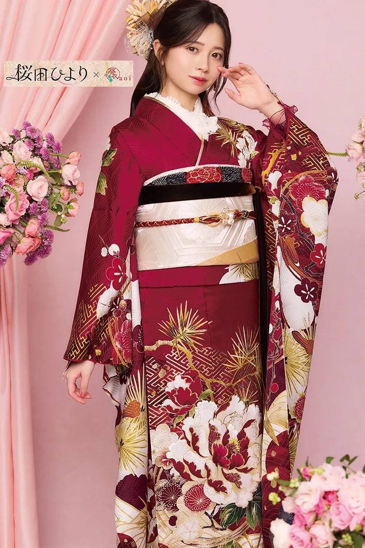 TAKAZENのレンタル振袖 桜田ひよりブランド振袖　正統派古典　エンジ　豪華　上品　大人っぽい　きれいめ　和柄【通販可】K1288