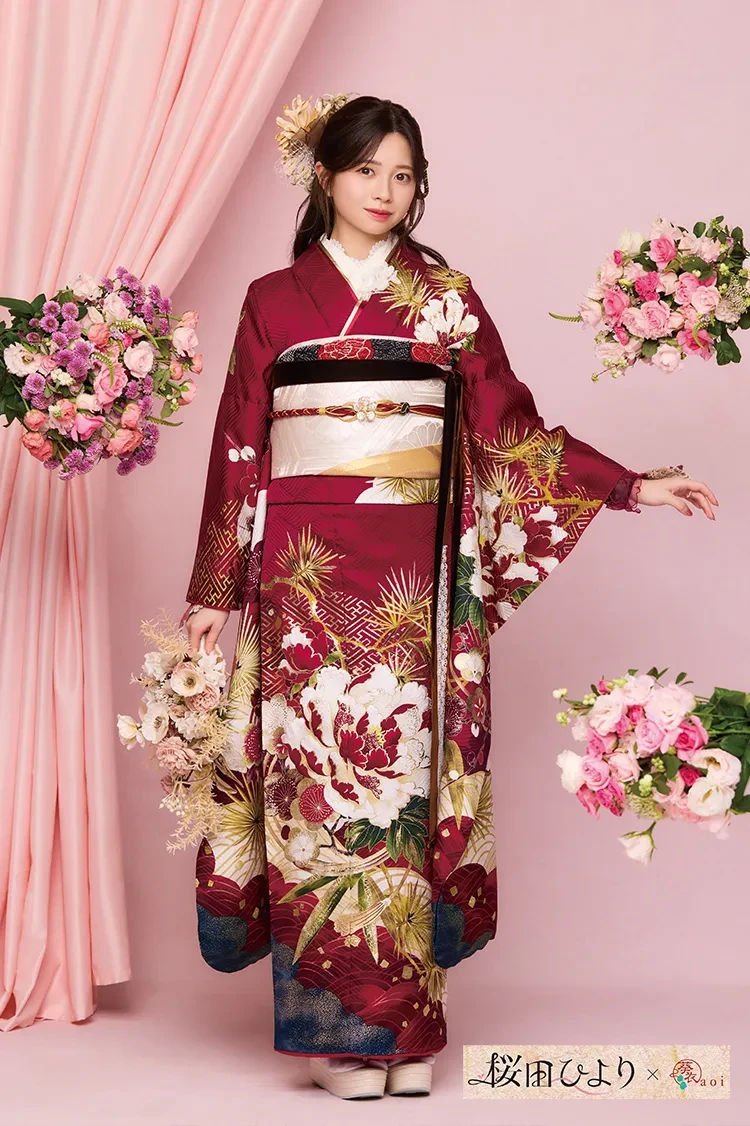 TAKAZENのレンタル振袖 桜田ひよりブランド振袖　正統派古典　エンジ　豪華　上品　大人っぽい　きれいめ　和柄【通販可】K1288