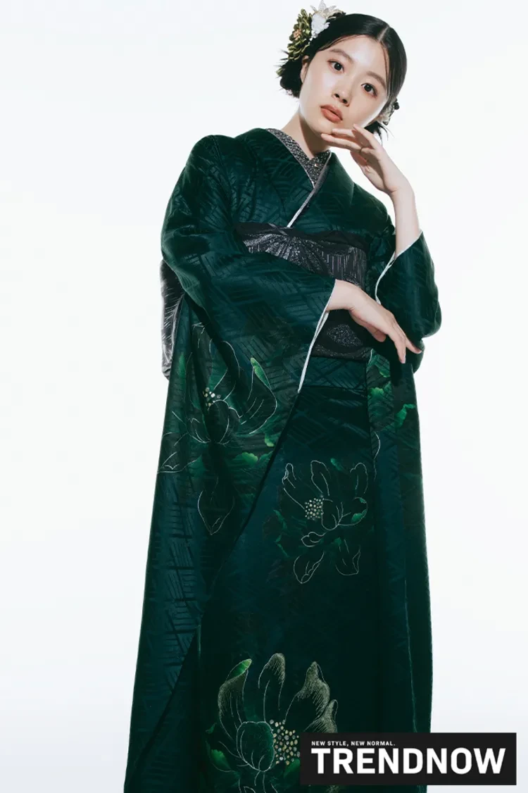 TAKAZENのレンタル振袖 最新作トレンドナウ　ヴィンテージスタイル　緑/グリーン　シンプル　シック　大人っぽい【通販可】K1289