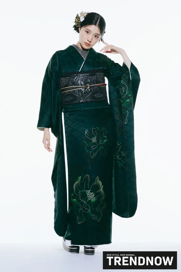 TAKAZENのレンタル振袖 最新作トレンドナウ ヴィンテージスタイル 緑/グリーン シンプル シック 大人っぽい【通販可】K1289