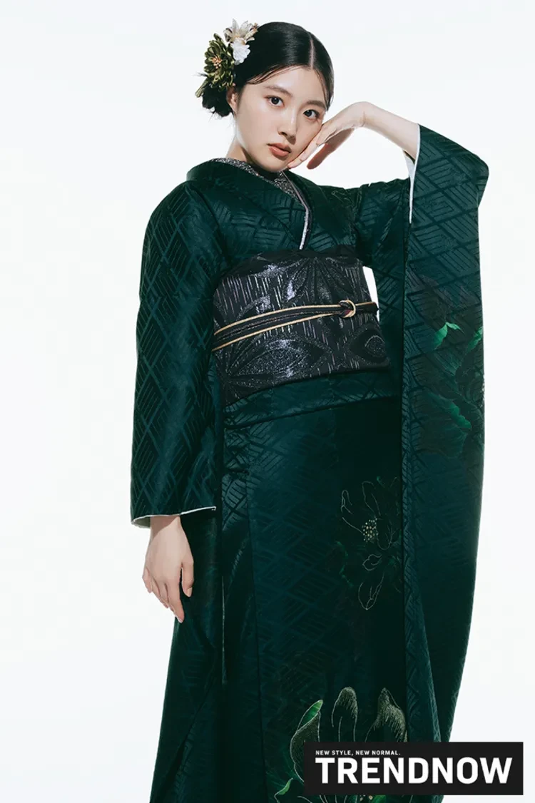 TAKAZENのレンタル振袖 最新作トレンドナウ　ヴィンテージスタイル　緑/グリーン　シンプル　シック　大人っぽい【通販可】K1289