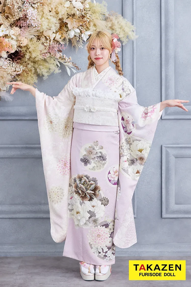 TAKAZENのレンタル振袖 安い！玉城ティナ×紅一点ブランド振袖　くすみピンク　おしゃれ　かわいい　古典柄　いまどき【通販可】K292