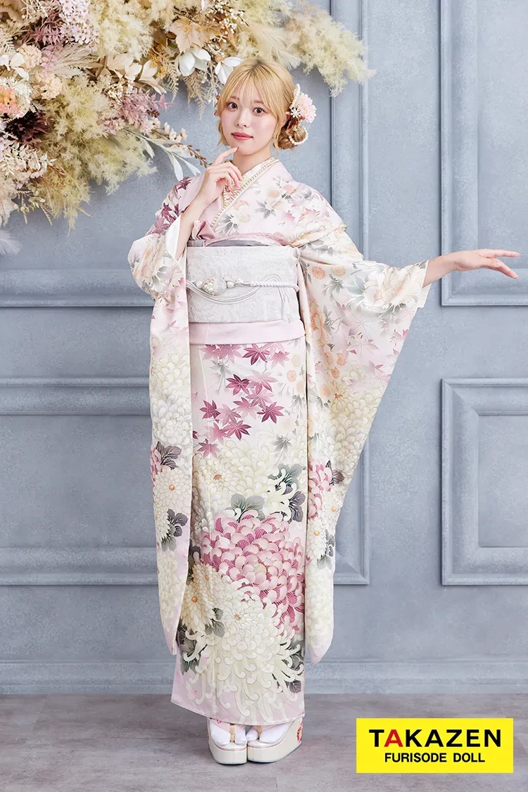 TAKAZENのレンタル振袖 格安お得!華徒然×吉木千沙都ブランド振袖 ピンク/淡い色 乱菊柄 清楚 かわいい 大人っぽい きれいめ【通販可】K364