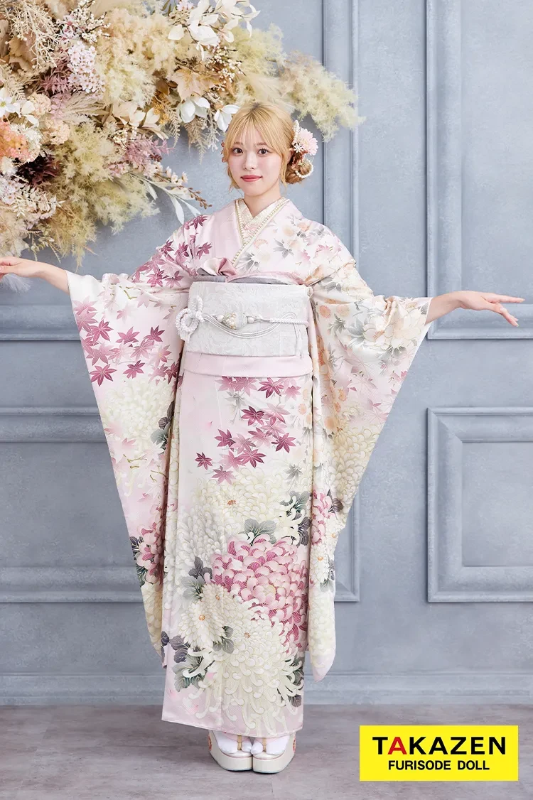 TAKAZENのレンタル振袖 格安お得!華徒然×吉木千沙都ブランド振袖 ピンク/淡い色 乱菊柄 清楚 かわいい 大人っぽい きれいめ【通販可】K364