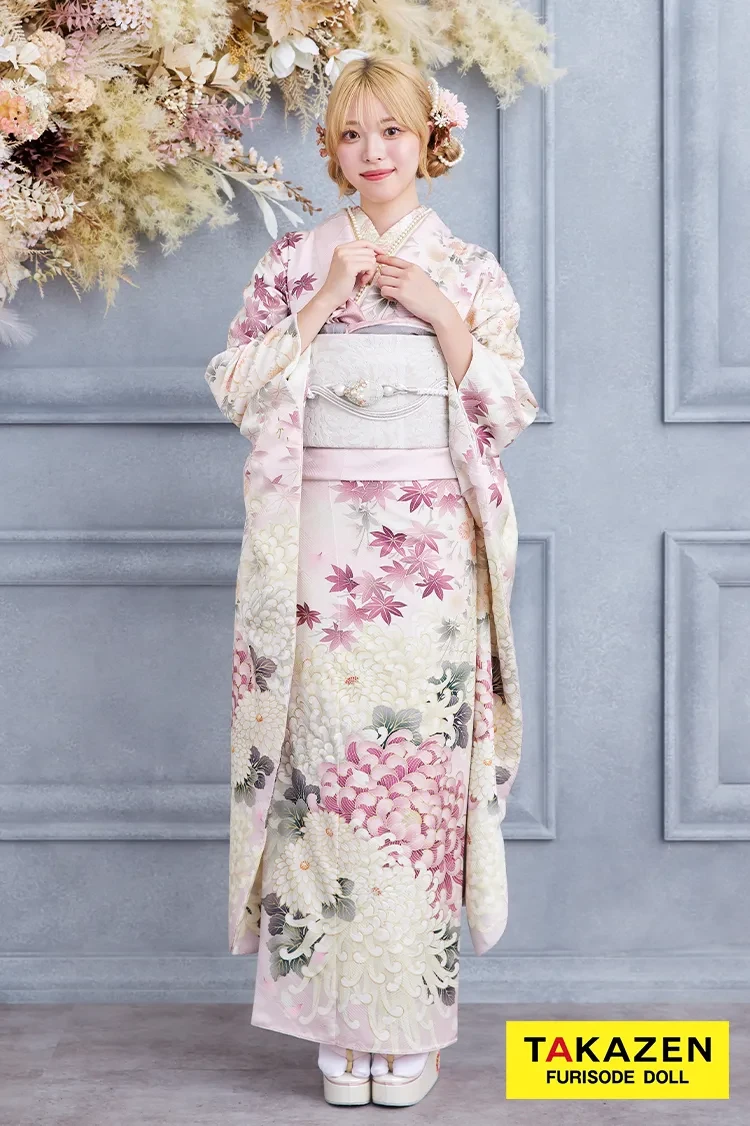 TAKAZENのレンタル振袖 格安お得!華徒然×吉木千沙都ブランド振袖 ピンク/淡い色 乱菊柄 清楚 かわいい 大人っぽい きれいめ【通販可】K364