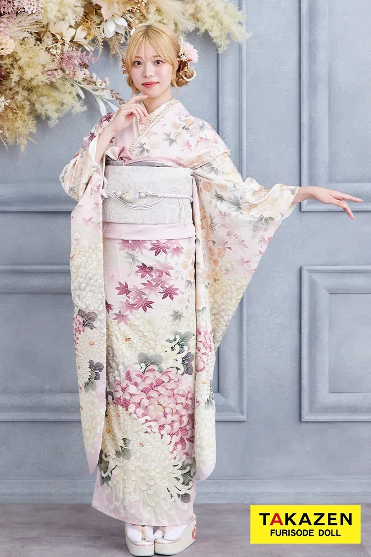 TAKAZENのレンタル振袖 格安お得!華徒然×吉木千沙都ブランド振袖 ピンク/淡い色 乱菊柄 清楚 かわいい 大人っぽい きれいめ【通販可】K364