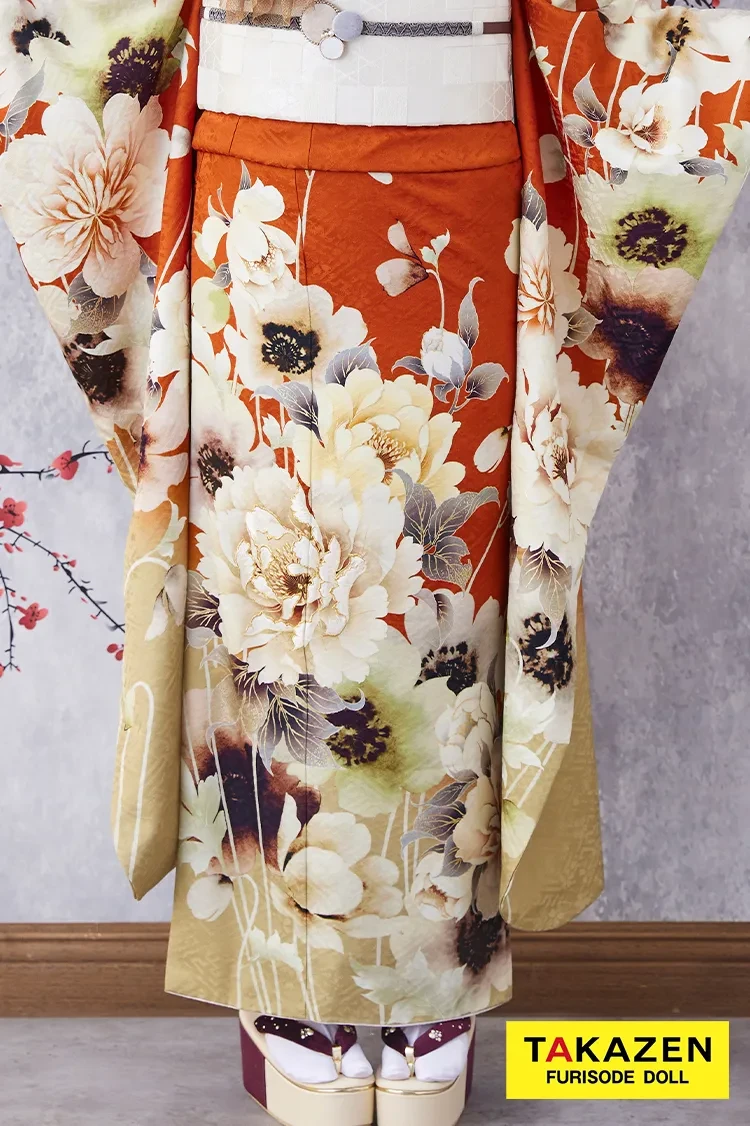 TAKAZENのレンタル振袖 安い！お得にレンタル　九重×中村里砂ブランド振袖　テラコッタ　人と被らない　華やか　目立つ　おしゃれ【通販可】K388