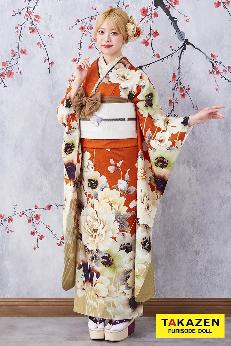 TAKAZENのレンタル振袖 安い！お得にレンタル　九重×中村里砂ブランド振袖　テラコッタ　人と被らない　華やか　目立つ　おしゃれ【通販可】K388